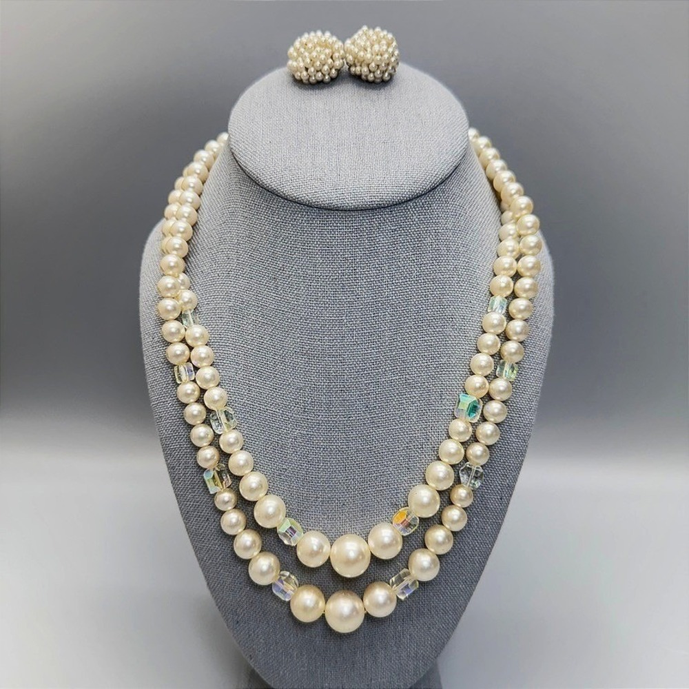 Vintage Faux Pearl AB Crystal Necklace Clip On Earring Lot 18" Double Strand